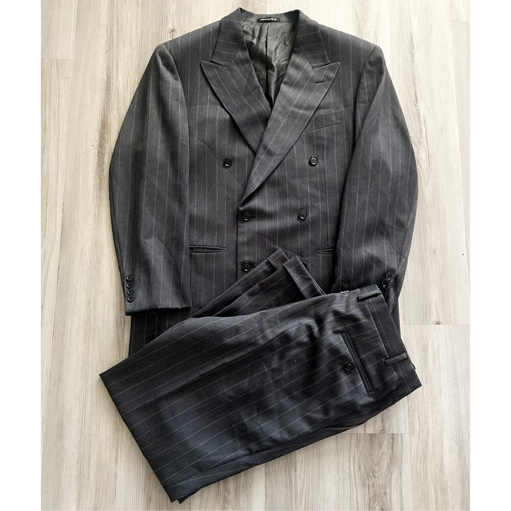 VTNG Pal Zileri Charcoal Grey Pin Stripped Double Breasted Wool 2 Piece Suit 42R